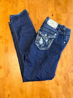 Miss Me Dark Blue Straight Leg Jeans with Embellished Pockets